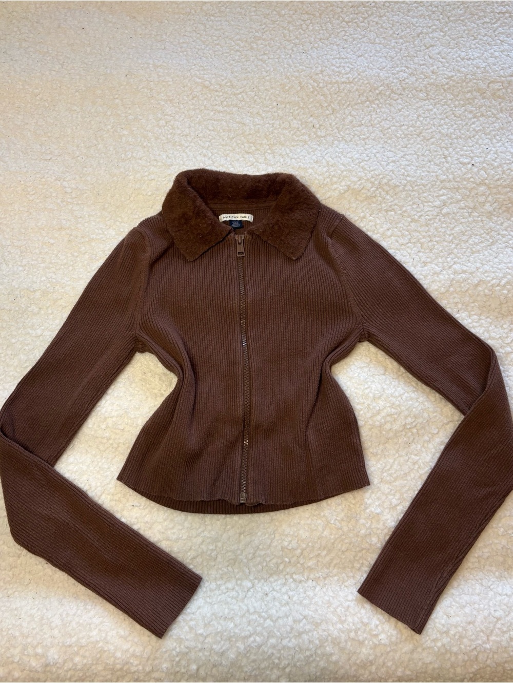 American Eagle Women Brown Faux Fur Collar Full Zip Sweater Top